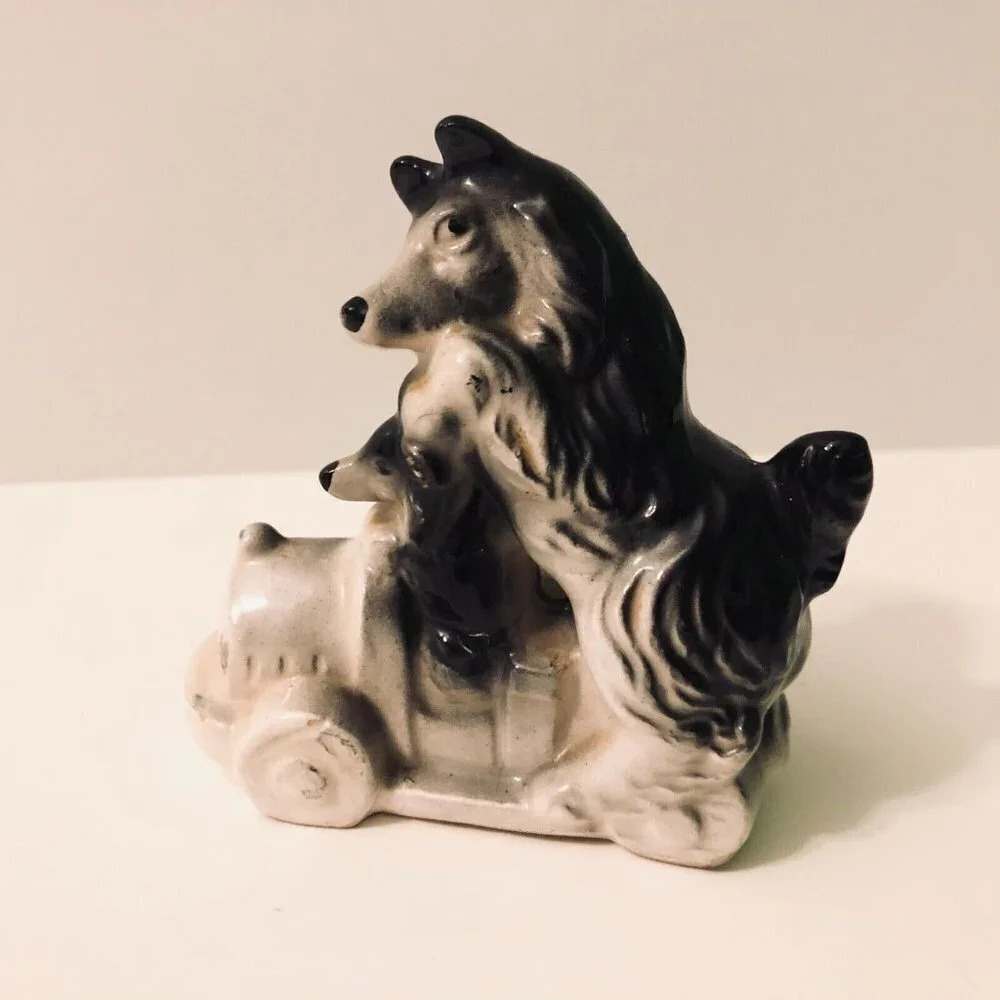 Vintage Husky Dog and Puppy on Small Train 3 Inch Long  Figurine Japan